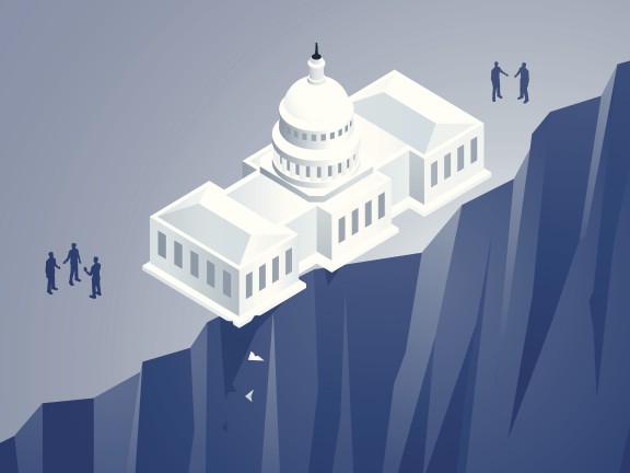 An illustration of the US Capitol building on the edge of a cliff