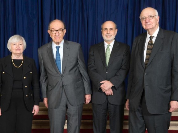 From left to right: Former Federal Reserve Board Chairs Janet Yellen, Alan Greenspan, Ben Bernanke, and Paul A. Volcker
