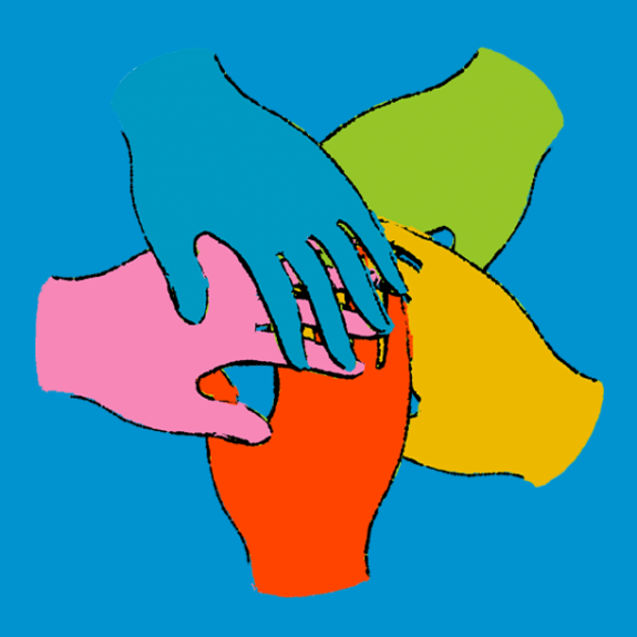 Illustration of hands with vibrant colors placed in a teamwork position