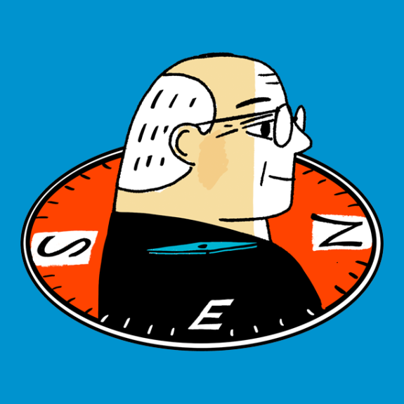 Illustration of a senior person overlaid on a compass