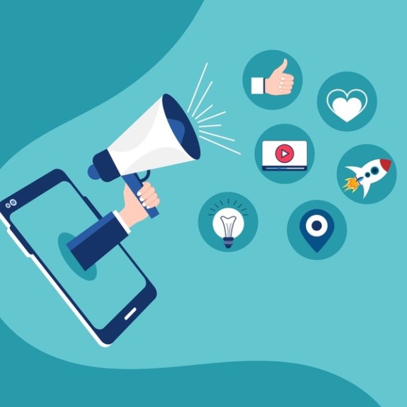 Smartphone with bullhorn and notifications graphic